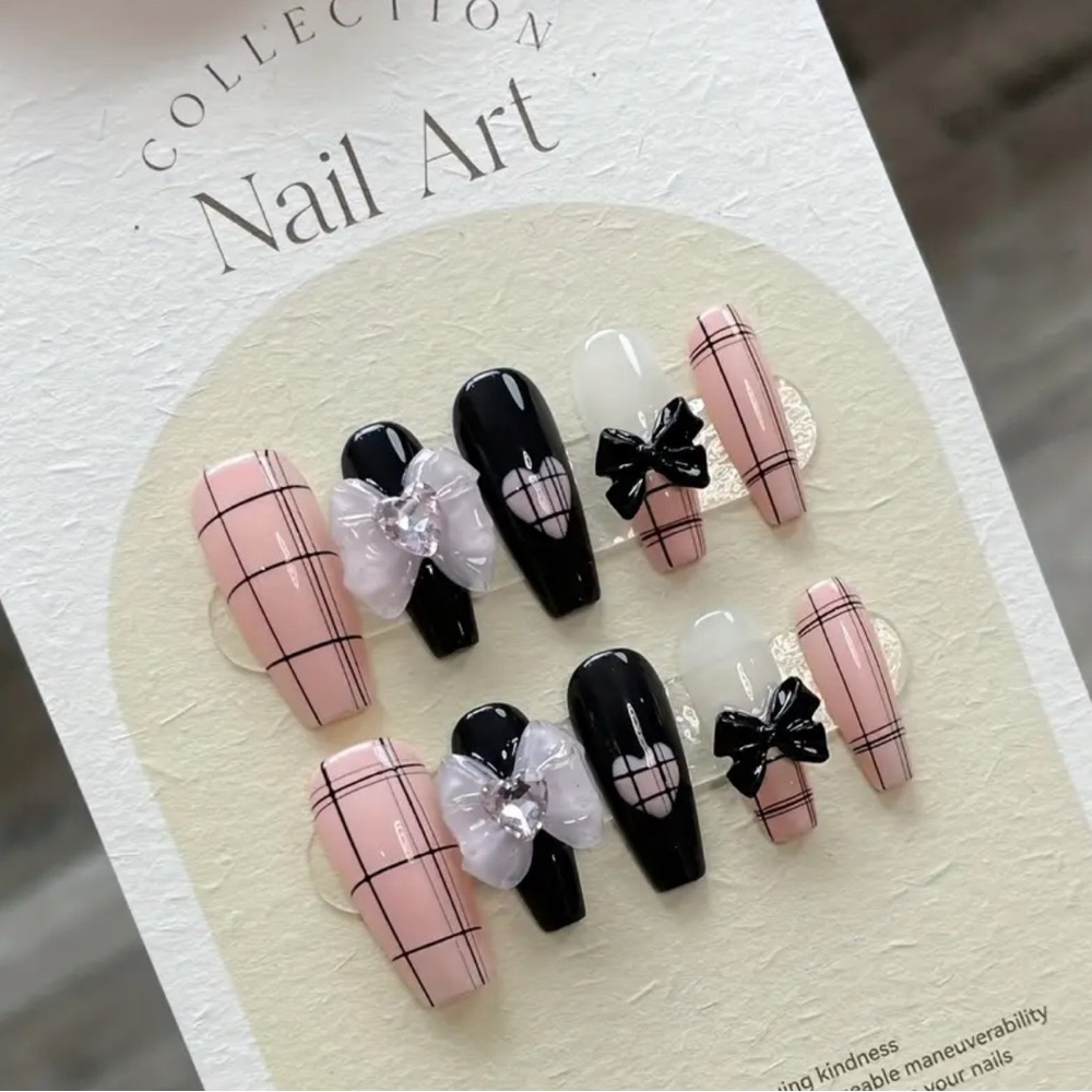 New Pink & Black Plaid 3D Nail Art Set reusable handmade acrylic Medium Length